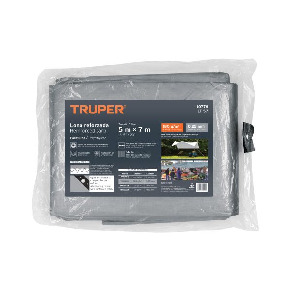 10776 - Lona de polietileno reforzada 5 x 7 m, gris, 180g/m2, TRUPER