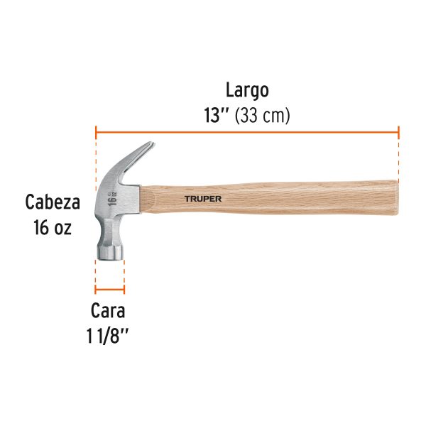 16752 - Martillo pulido, 16 oz, uña curva, mango madera, TRUPER