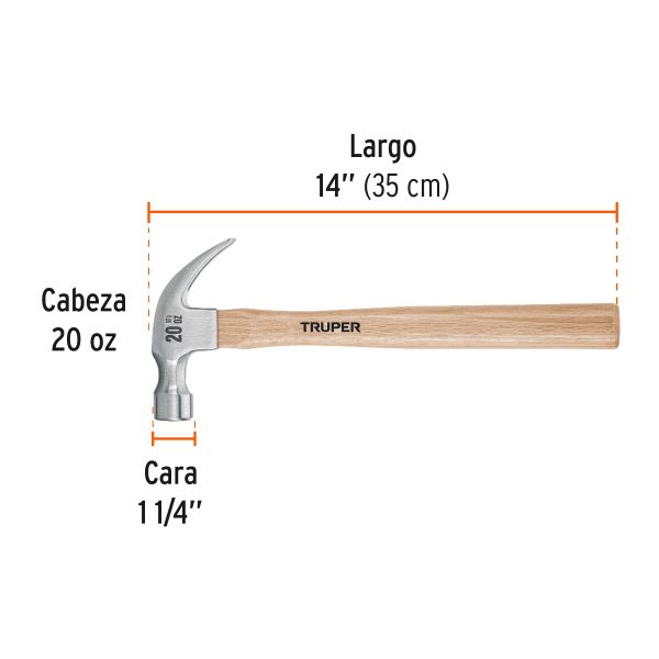 16753 - Martillo pulido, 20 oz, uña curva, mango madera, TRUPER