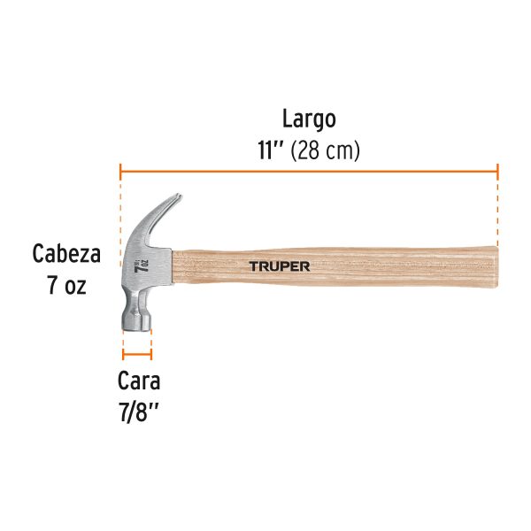 16750 - Martillo pulido, 7 oz, uña curva, mango madera, TRUPER