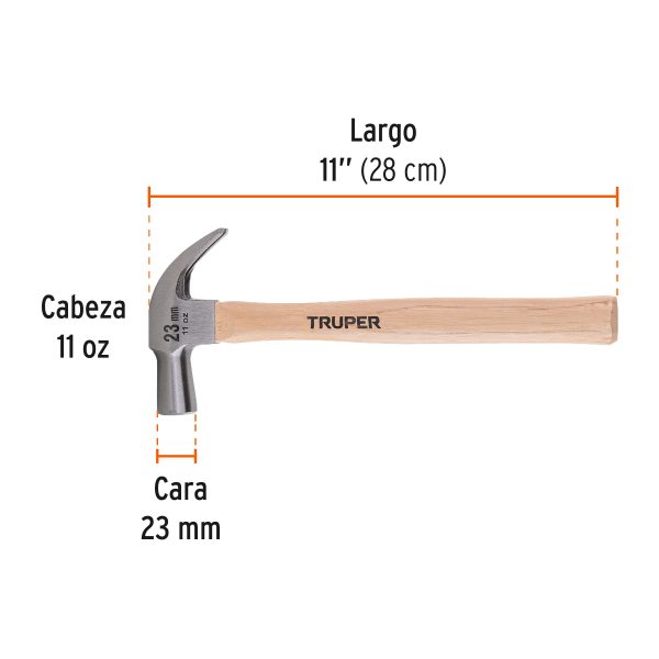 10557 - Martillo cabeza cónica 23 mm uña curva, mango madera, TRUPER