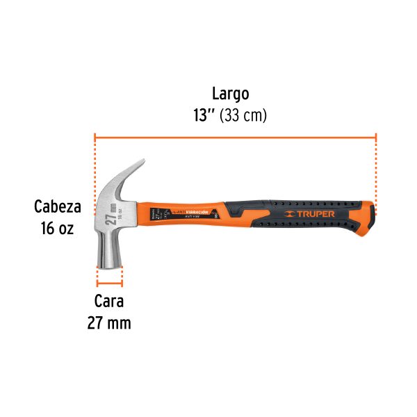 10851 - Martillo cabeza cónica 27 mm uña curva, mango fibra vidrio