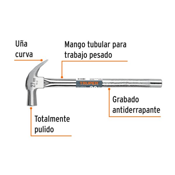 10914 - Martillo cabeza cónica 27 mm uña curva, mango tubular,TRUPER