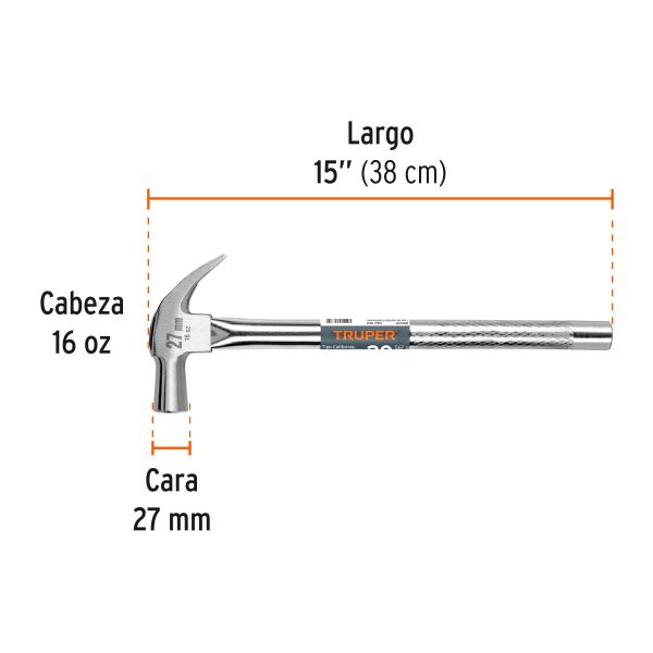 10914 - Martillo cabeza cónica 27 mm uña curva, mango tubular,TRUPER