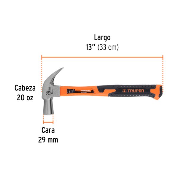 10852 - Martillo cabeza cónica 29 mm uña curva, mango fibra vidrio