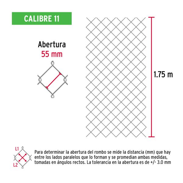 42935 - Rollo malla ciclónica cal.11, 1.75x20m, abertura 55mm, 71kg