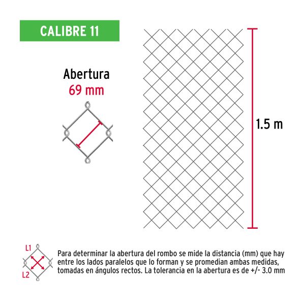 42944 - Rollo malla ciclónica cal.11, 1.5x20m, abertura 69mm, 46kg