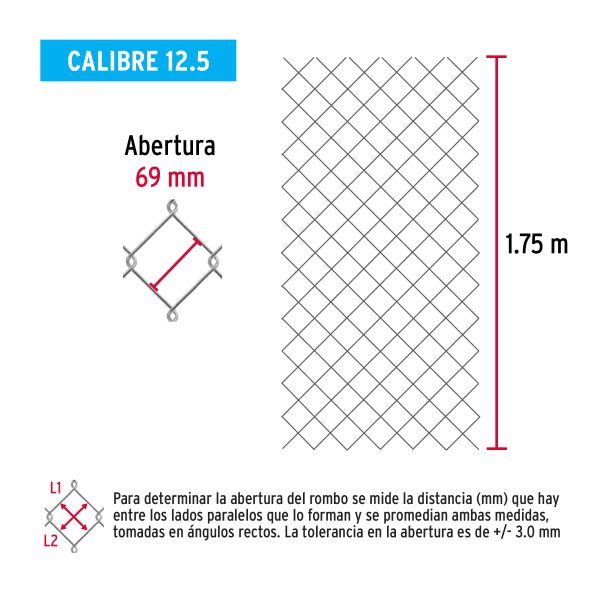 42960 - Rollo malla ciclónica cal.12.5, 1.75x20m, abertura69mm 35kg