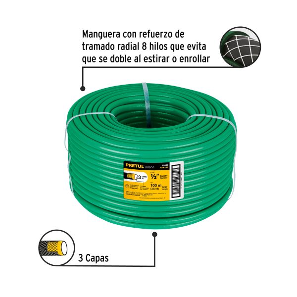 25035 - Metro de manguera 1/2' 3 capas en rollo de 100 m, PRETUL