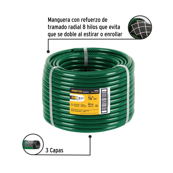 20658 - Metro de manguera 1/2' 3 capas en rollo de 50 m, Pretul