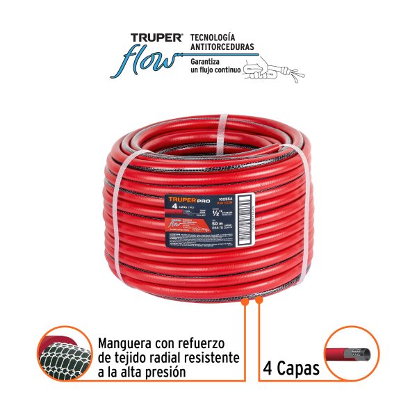 102554 - Metro de manguera 1/2' 4 capas en rollo de 50 m, Truper