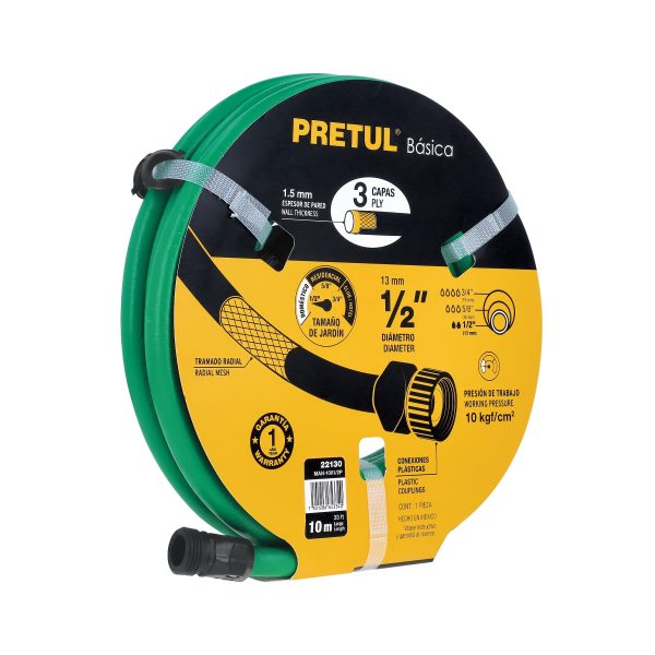 22130 - Manguera verde 1/2' 3 capas 10m conexiones plásticas, PRETUL