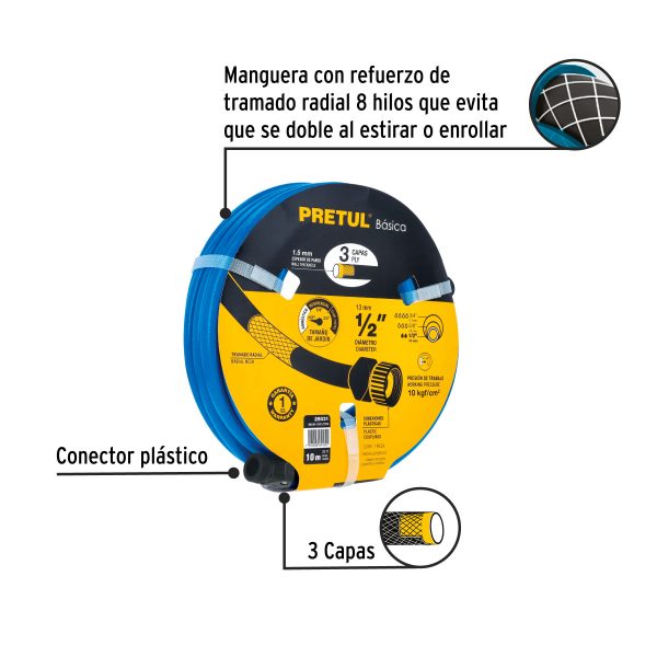 25031 - Manguera azul 1/2' 3 capas 10 m conexiones plásticas, PRETUL