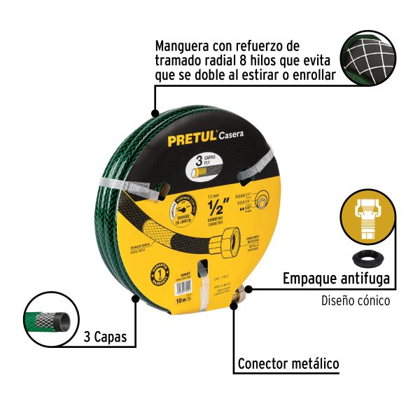 20657 - Manguera 1/2' reforzada 3 capas conexiones metal 10m, Pretul