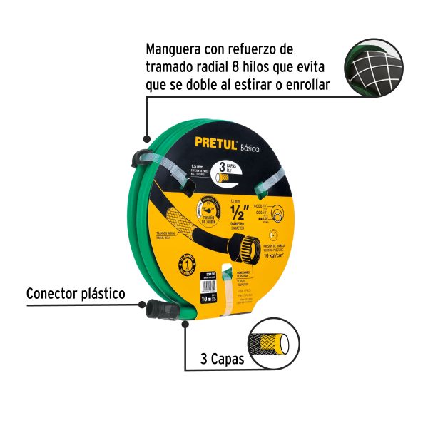 22130 - Manguera verde 1/2' 3 capas 10m conexiones plásticas, PRETUL