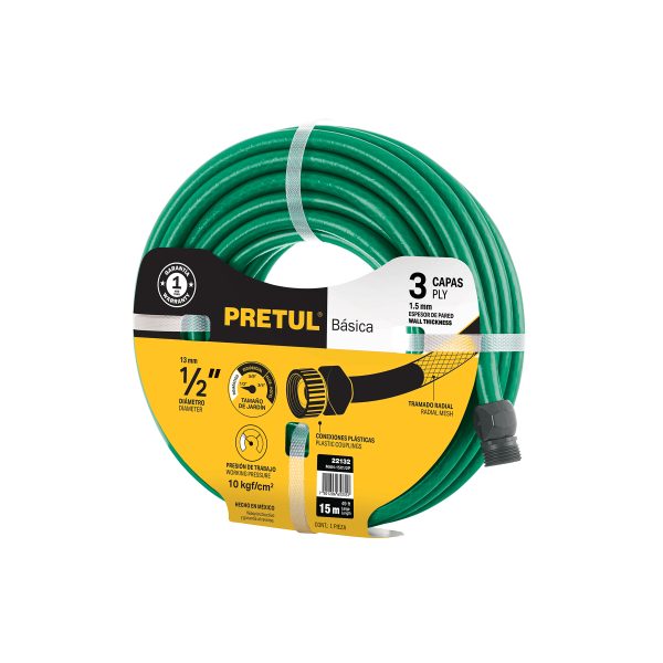 22132 - Manguera verde 1/2' 3 capas 15m conexiones plásticas, PRETUL