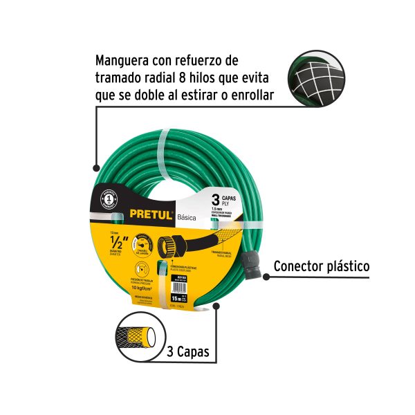 22132 - Manguera verde 1/2' 3 capas 15m conexiones plásticas, PRETUL
