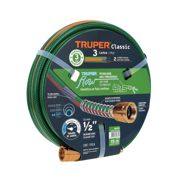 16031 - Manguera 1/2' reforzada 3 capas 15 m conexiones de metal