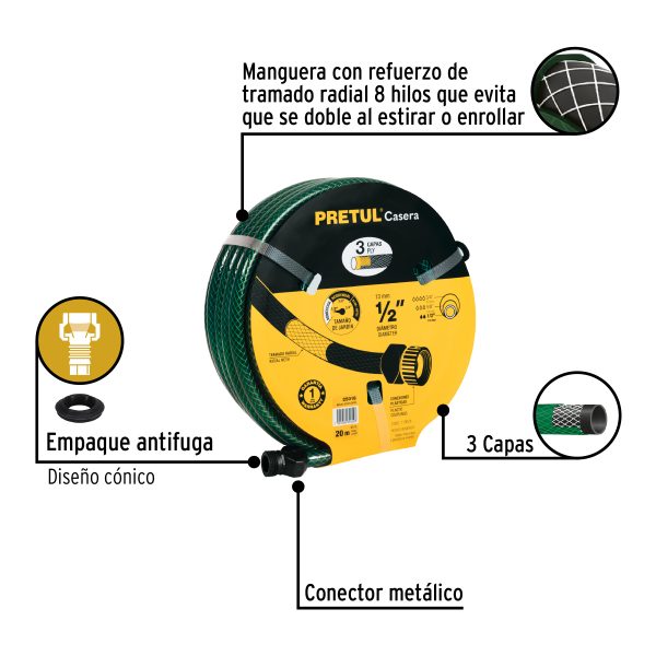 25018 - Manguera 1/2' reforzada 3 capas 20m conexiones plást, Pretul
