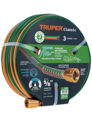 16038 - Manguera 5/8' reforzada 3 capas 25 m conexiones de metal