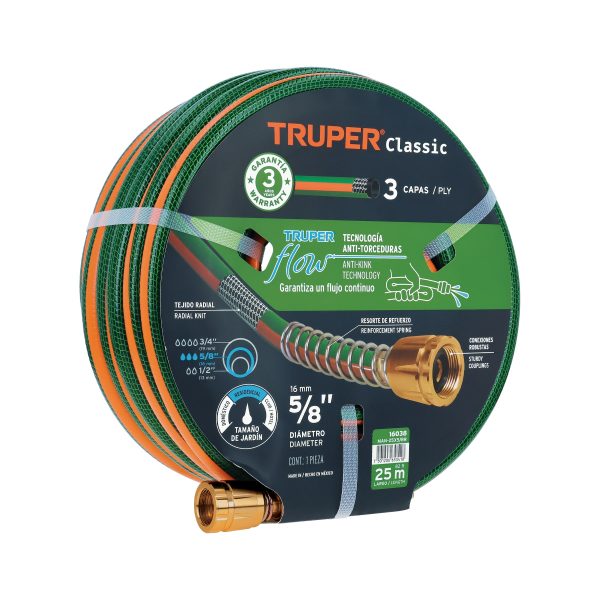 16038 - Manguera 5/8' reforzada 3 capas 25 m conexiones de metal