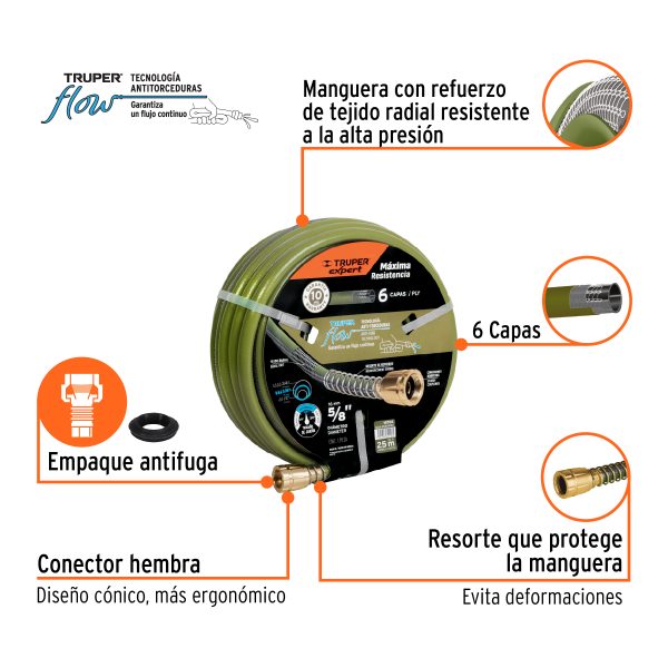 19702 - Manguera 5/8' anti-torceduras 6 capas 25m conexiones d/metal