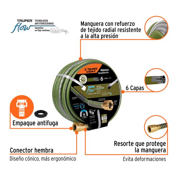 19744 - Manguera 5/8' anti-torceduras 6 capas 30m conexiones d/metal
