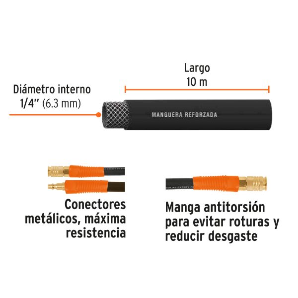 17080 - Manguera para compresor, de hule, 10m x 1/4', Truper