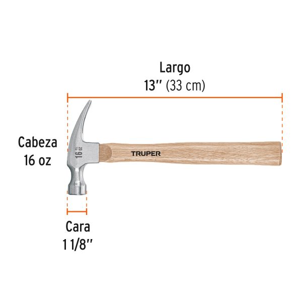 16754 - Martillo pulido, 16 oz, uña recta, mango madera, TRUPER