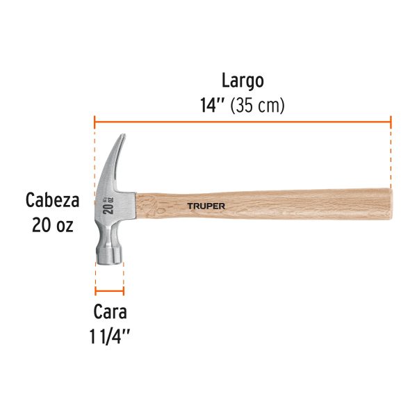 16755 - Martillo pulido, 20 oz, uña recta, mango madera, TRUPER