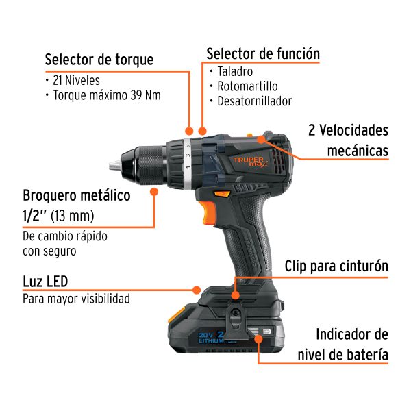 101453 - Rotomartillo 1/2', 20V, 2 baterías 2Ah, MAX