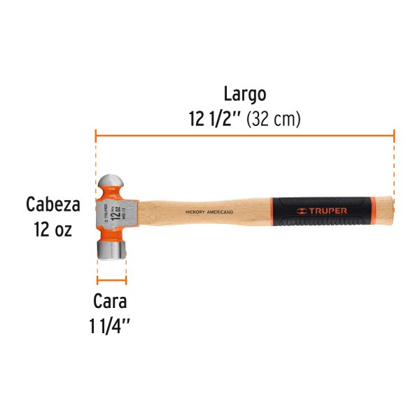 16901 - Martillo pulido de bola 12 oz mango hickory, Truper Grip