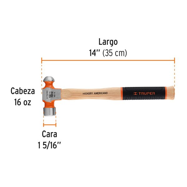 16902 - Martillo pulido de bola 16 oz mango hickory, Truper Grip