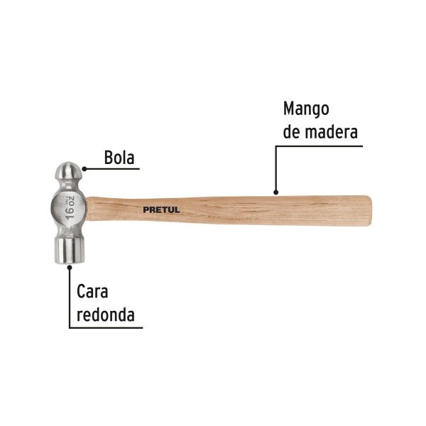 22658 - Martillo pulido de bola 16 oz mango madera, Pretul