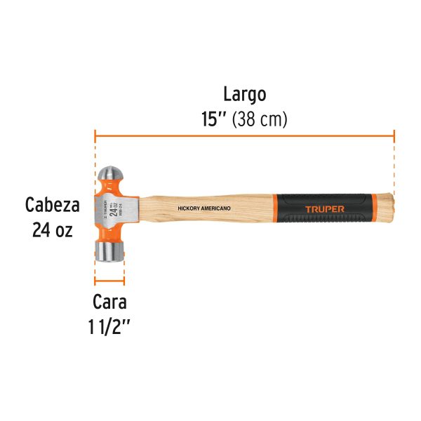 16903 - Martillo pulido de bola 24 oz mango hickory, Truper Grip