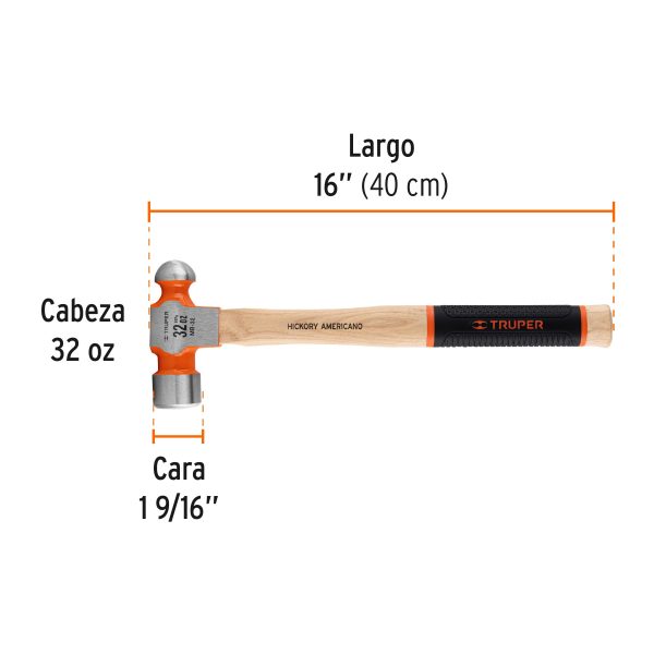 16904 - Martillo pulido de bola 32 oz mango hickory, Truper Grip