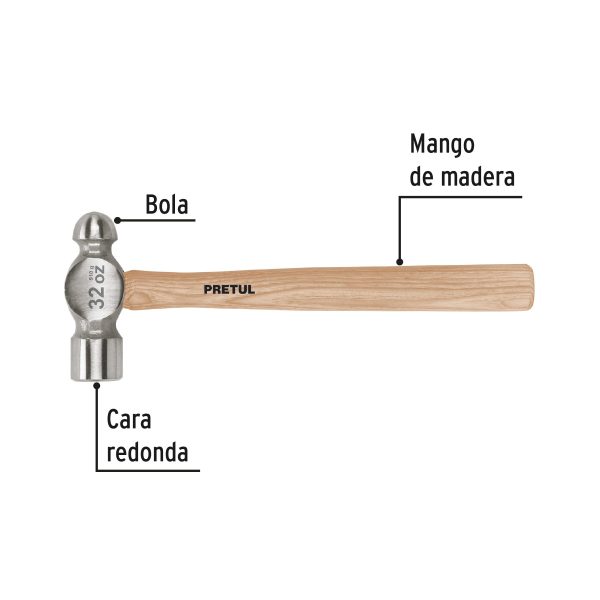 22660 - Martillo pulido de bola 32 oz mango madera, Pretul