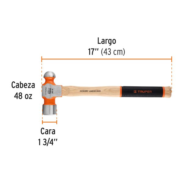 16906 - Martillo pulido de bola 48 oz mango hickory, Truper Grip
