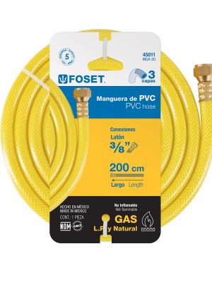 MGA-20E1.jpg 45011 - Manguera para gas, PVC amarilla, 3/8'x2 m, c/conexión, Foset