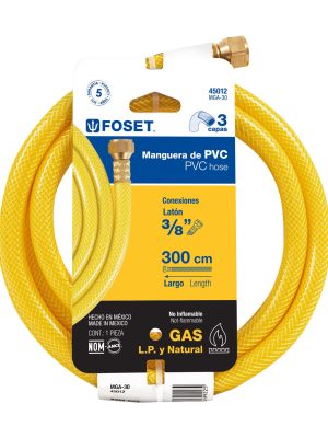 MGA-30E1.jpg 45012 - Manguera para gas, PVC amarilla, 3/8'x3 m, c/conexión, Foset