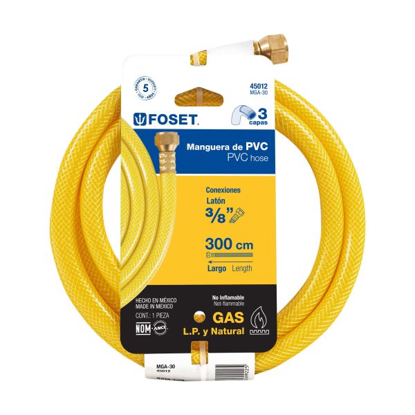 45012 - Manguera para gas, PVC amarilla, 3/8'x3 m, c/conexión, Foset
