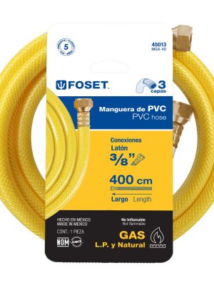 MGA-40E1.jpg 45013 - Manguera para gas, PVC amarilla, 3/8'x4 m, c/conexión, Foset