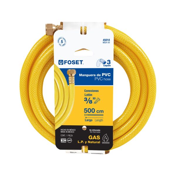 45014 - Manguera para gas, PVC amarilla, 3/8'x5 m, c/conexión, Foset