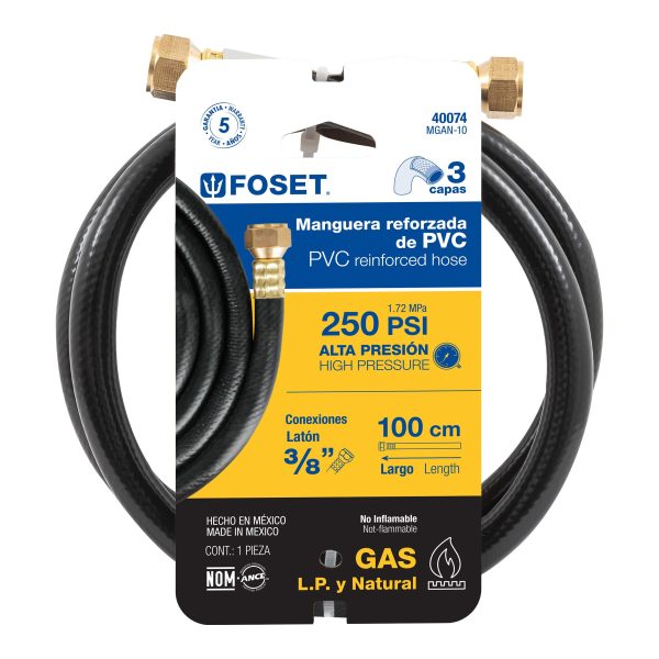40074 - Manguera para gas, PVC negra, 3/8'x1 m, c/conexión, Foset