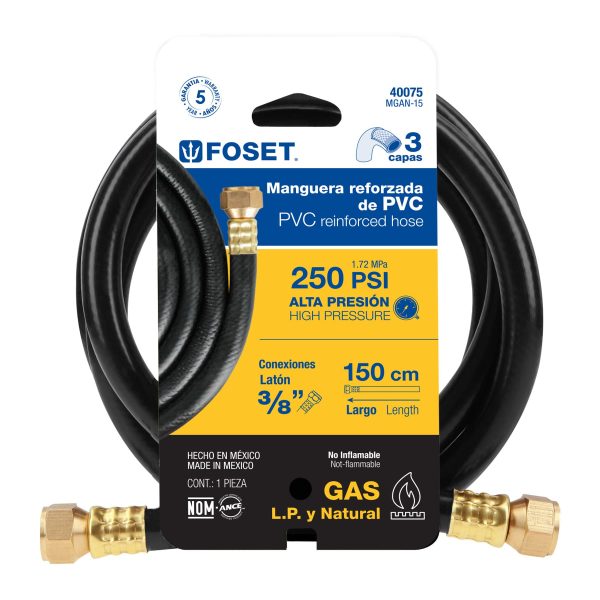 40075 - Manguera para gas, PVC negra, 3/8'x1.5 m, c/conexión, Foset