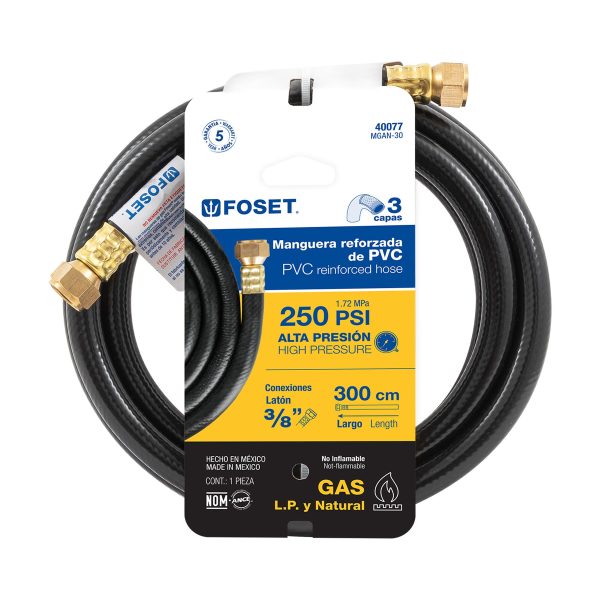 40077 - Manguera para gas, PVC negra, 3/8'x3 m, c/conexión, Foset