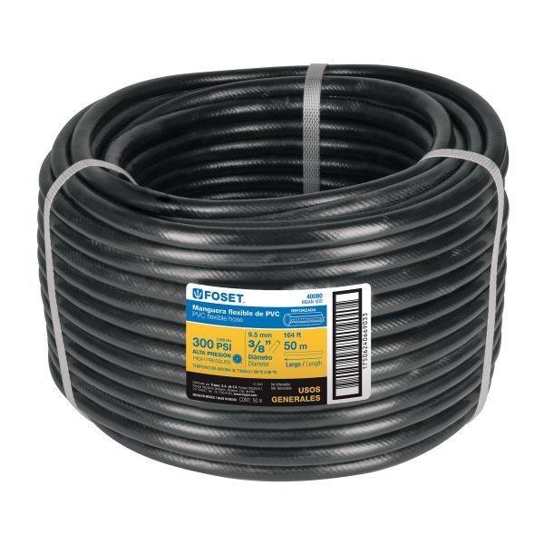 40080 - Manguera para gas, PVC negra, 3/8'x50 m, s/conexión, Foset