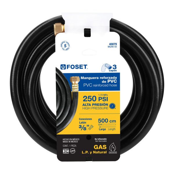 40079 - Manguera para gas, PVC negra, 3/8'x5 m, c/conexión, Foset