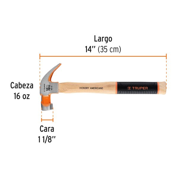 16654 - Martillo pulido 16 oz uña curva, mango hickory, Truper Grip