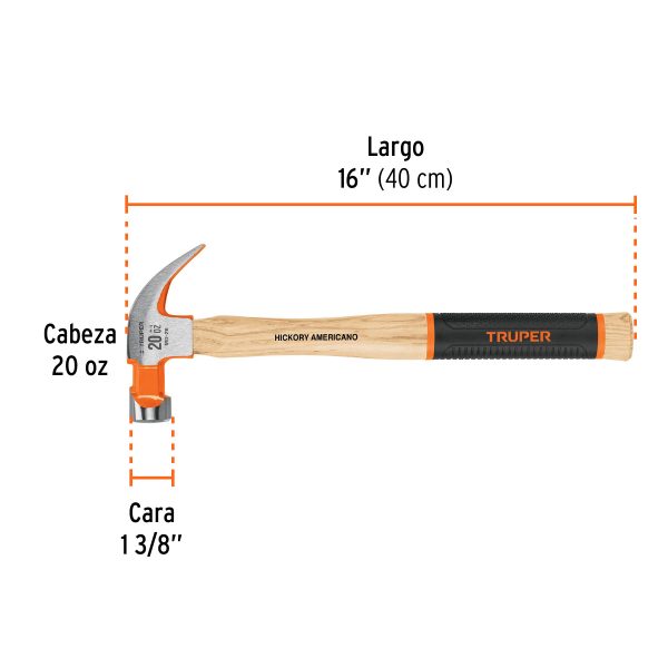 16656 - Martillo pulido 20 oz uña curva, mango hickory, Truper Grip